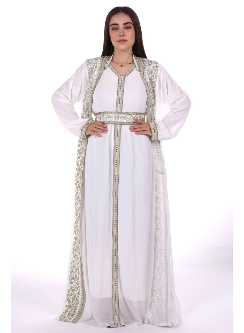 AL BENT AL SHARQIEH White emboidered belted chiffon kaftan dress for Women | Best Price UAE
